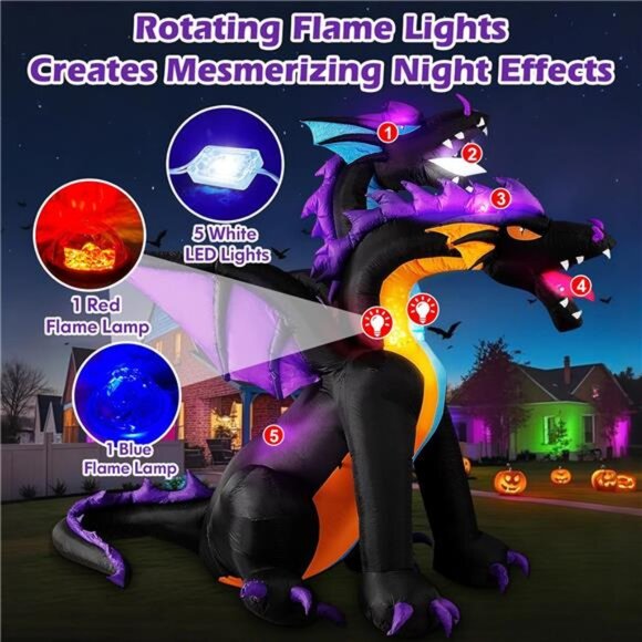 Halloween Inflatable 7 FT Tall Giant 2 Headed Dragon Built-in Flashing LEDs - Picture 2 of 5
